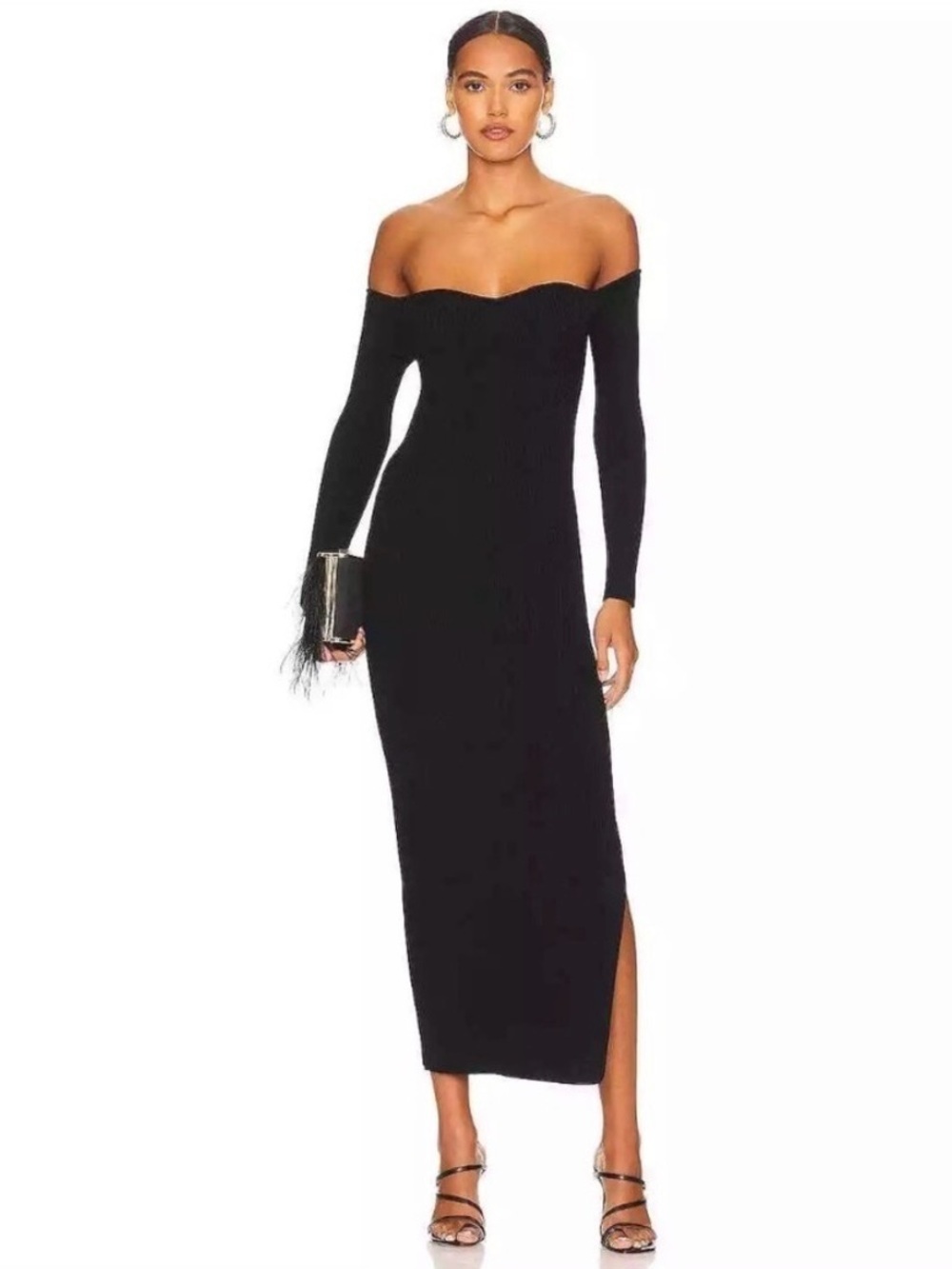 Milly Off-Shoulder Black Long-Sleeve Midi Dress
